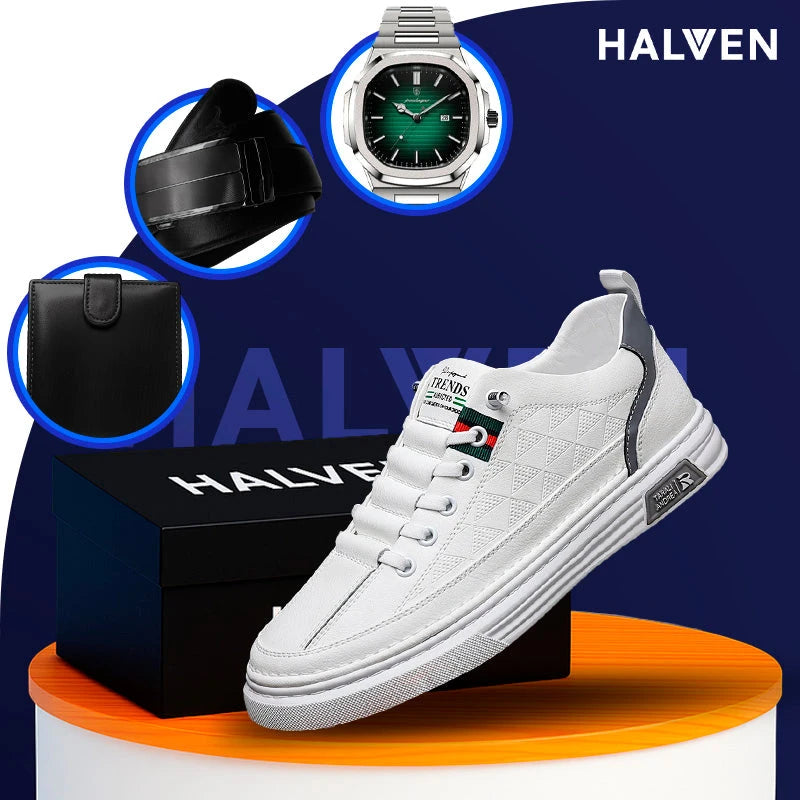 Tênis Casual Ortopédico Masculino Alvion em Couro e Sola Antiderrapante +BRINDES: Relógio, Cinto e Carteira